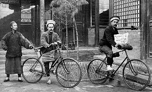 The two American cyclists reach north China in 1892. Few Chinese had ever seen a Westerner, much less a bicycle.