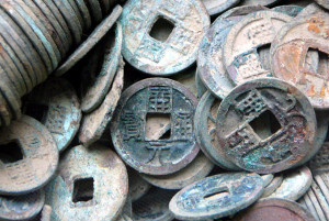 Close-up of "kai yuan tong bao" coins dug up from the Grand Canal in 2004