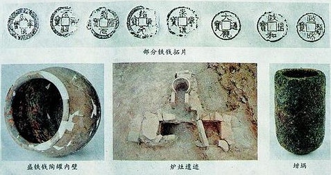 Rubbings of the Northern Song coins. The earthenware vessel that contained the coins.  A furnace and crucible unearthed at the ruins.