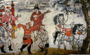 Tang Dynasty tomb painting of Huren dancing and playing musical instruments