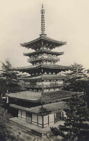 The East Pagoda of the Yakushi-ji Temple as seen in an old photograph