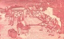 Detail from a
            Farmers Bank of China banknote showing farmers grinding
            grain
