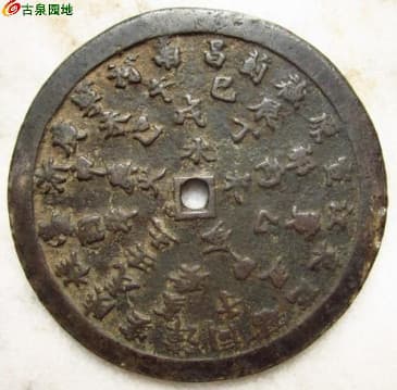 Reverse side of
                          old Chinese coin displaying "The Five
                          Elements", "The Ten Heavenly
                          Stems", the "Twelve Earthly
                          Branches" and the "Twenty
                          Mints".